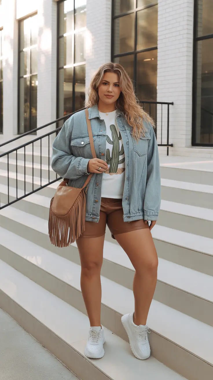 Trendy curvy outfits inspo 2026 Denim Jacket & Leather Shorts - Casual Western Vibe