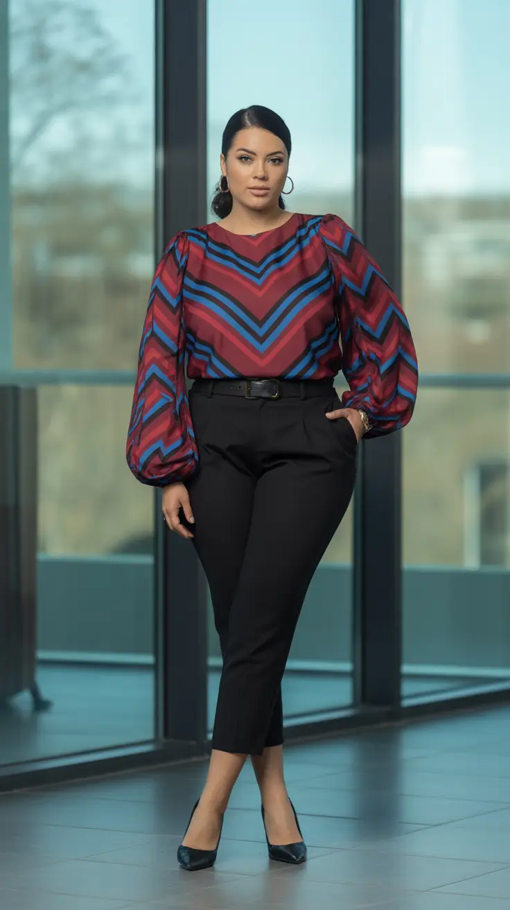 Trendy curvy outfits inspo 2026 Chevron Blouse & Black Trousers - Oficina Bold Elegance