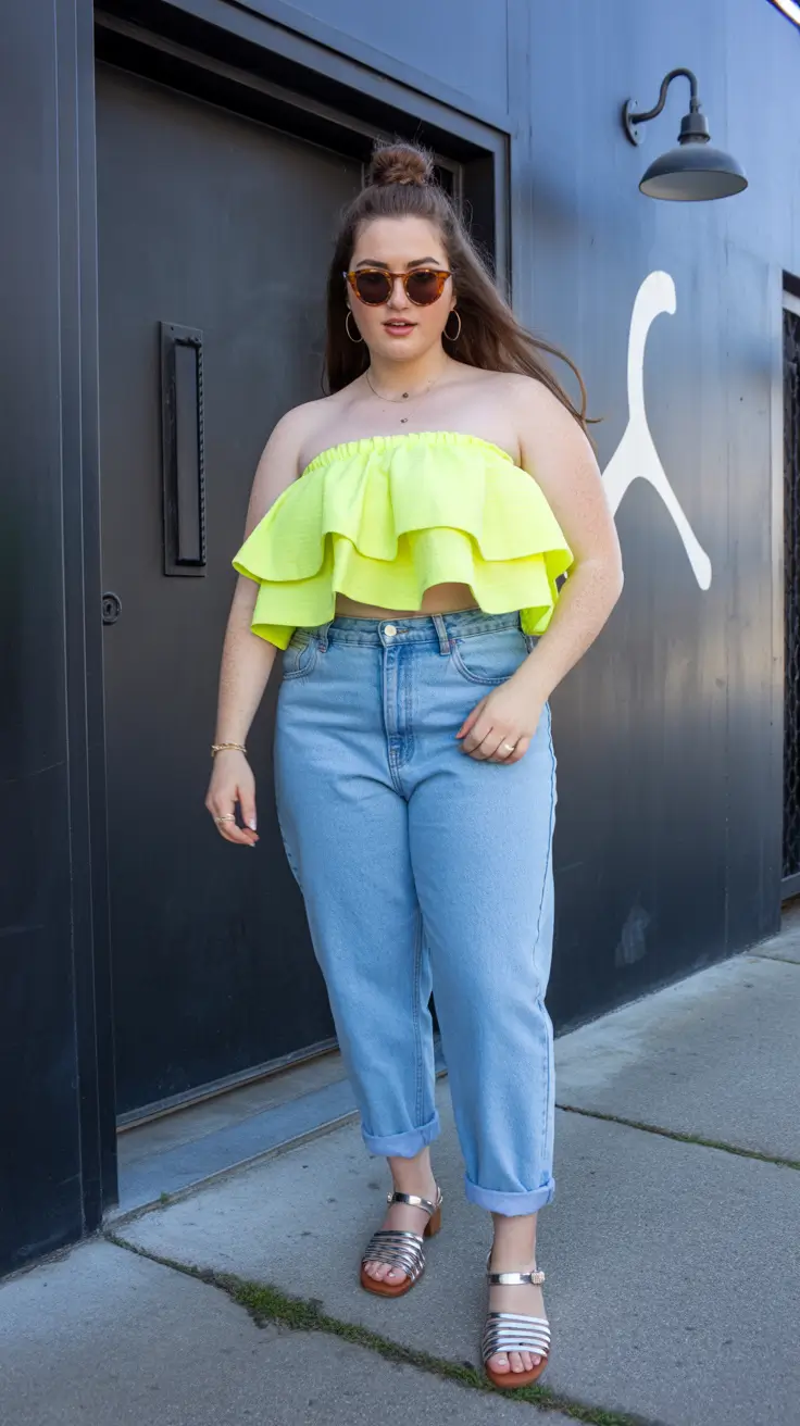 Trendy curvy outfits inspo 2026 Neon Ruffle Top & Mom Jeans - Playful Modern Energy