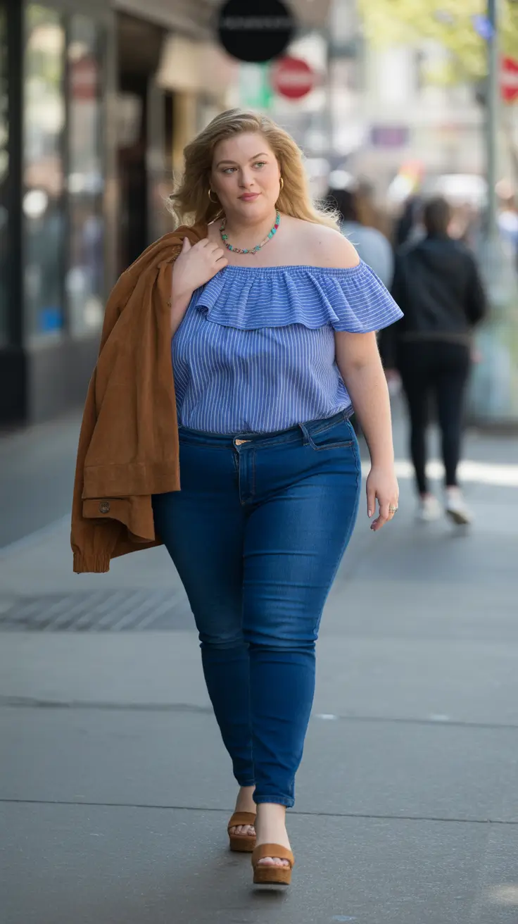 Trendy curvy outfits inspo 2026 Off-Shoulder Top and Denim - Summer City Stroll