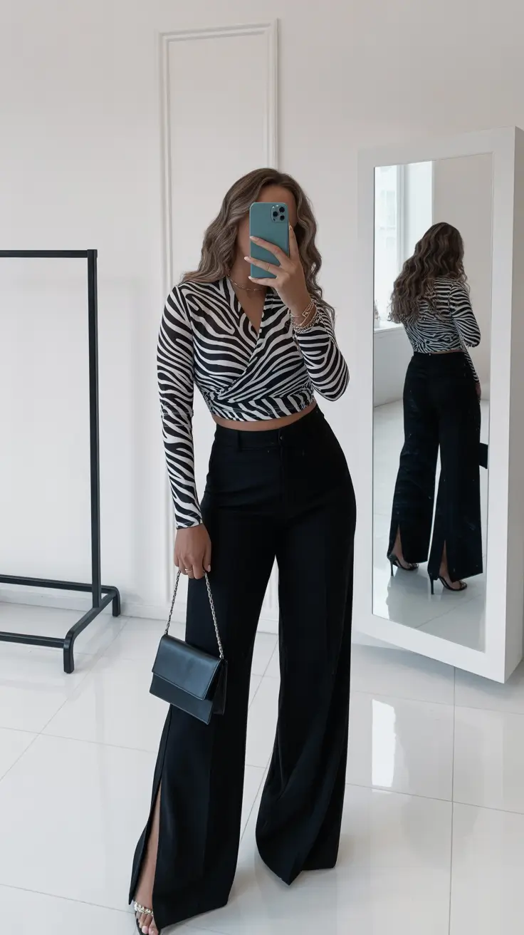 Trendy curvy outfits inspo 2026 Zebra Print & Wide Leg Pants - Modern Minimalism with a Twist