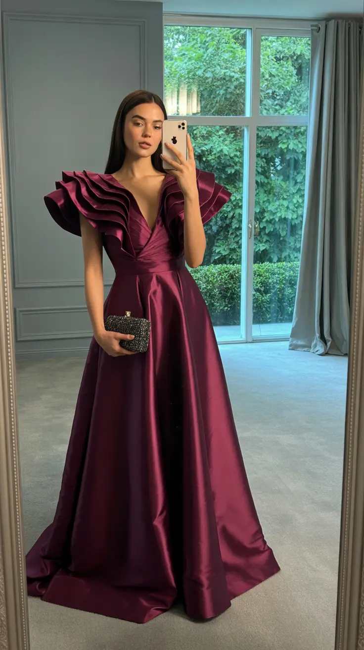 Wedding guest outfit ideas 2026 Royal Plum Drama for Evening Receptions