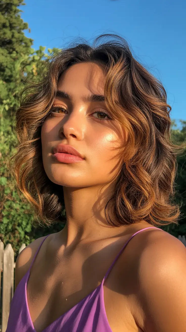 lob haircut blonde Sunlit Balayage Waves