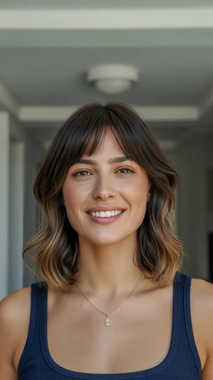 lob haircut blonde Warm Balayage and Gentle Waves