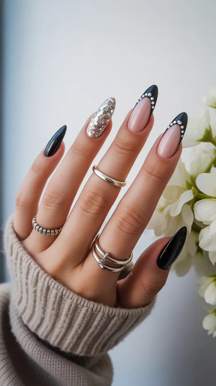 black nails 2026 Black Almond Glam With Silver Spark
