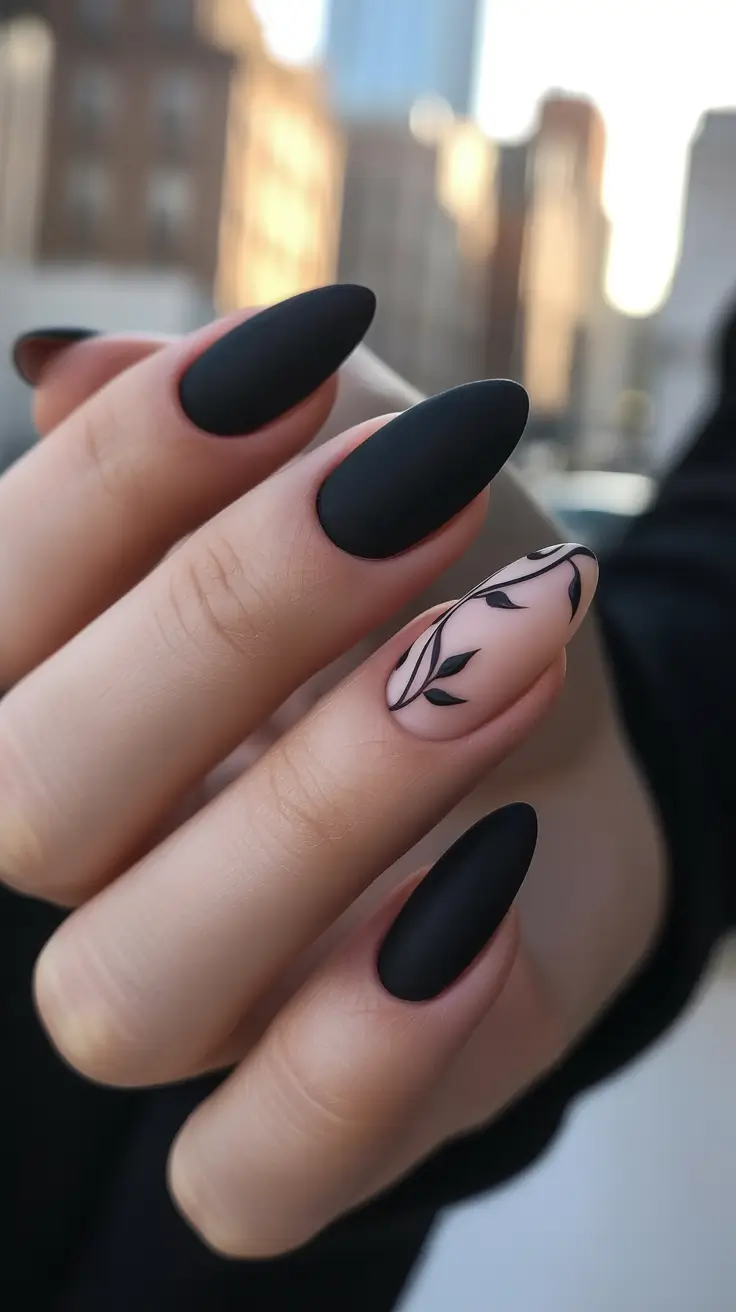black nails 2026 Matte Almond Noir With Botanical Art