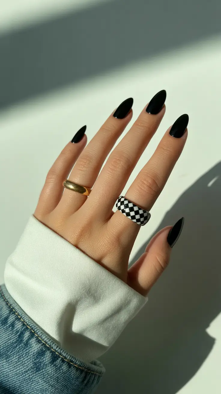 black nails 2026 Glossy Jet-Black Minimal Almonds