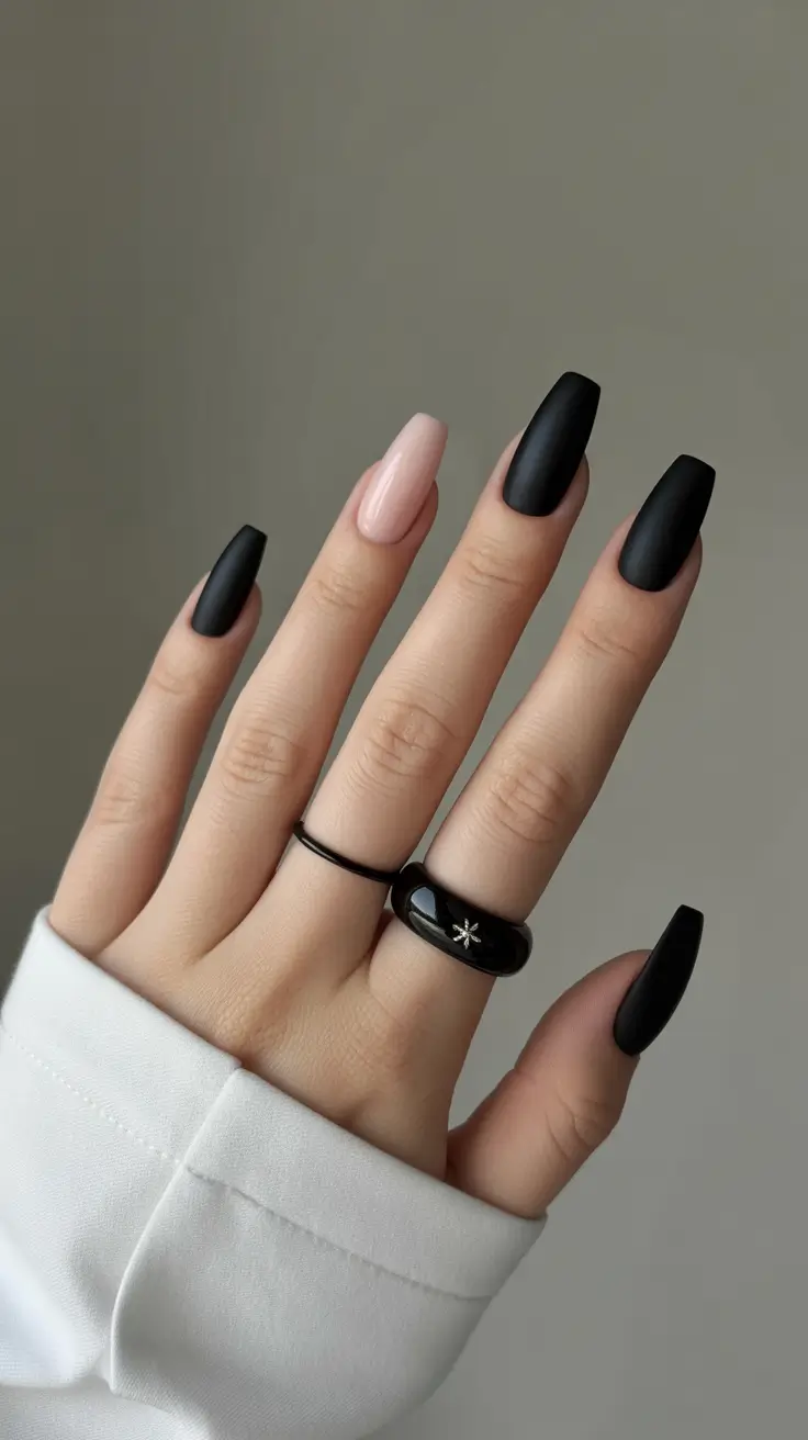 black nails 2026 Matte Noir Square With Soft Pink Accent