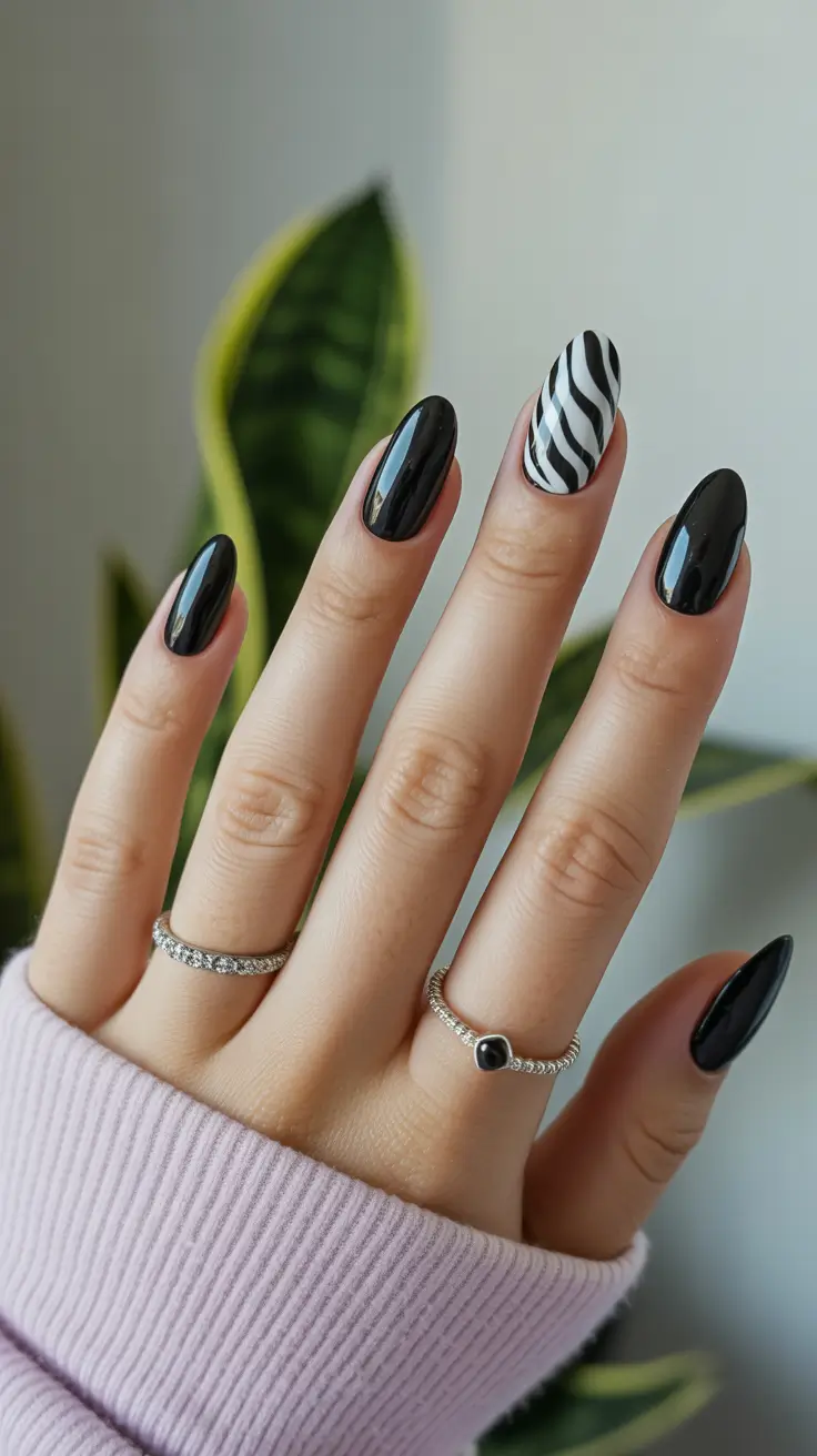 black nails 2026 Zebra Accent on Glossy Noir