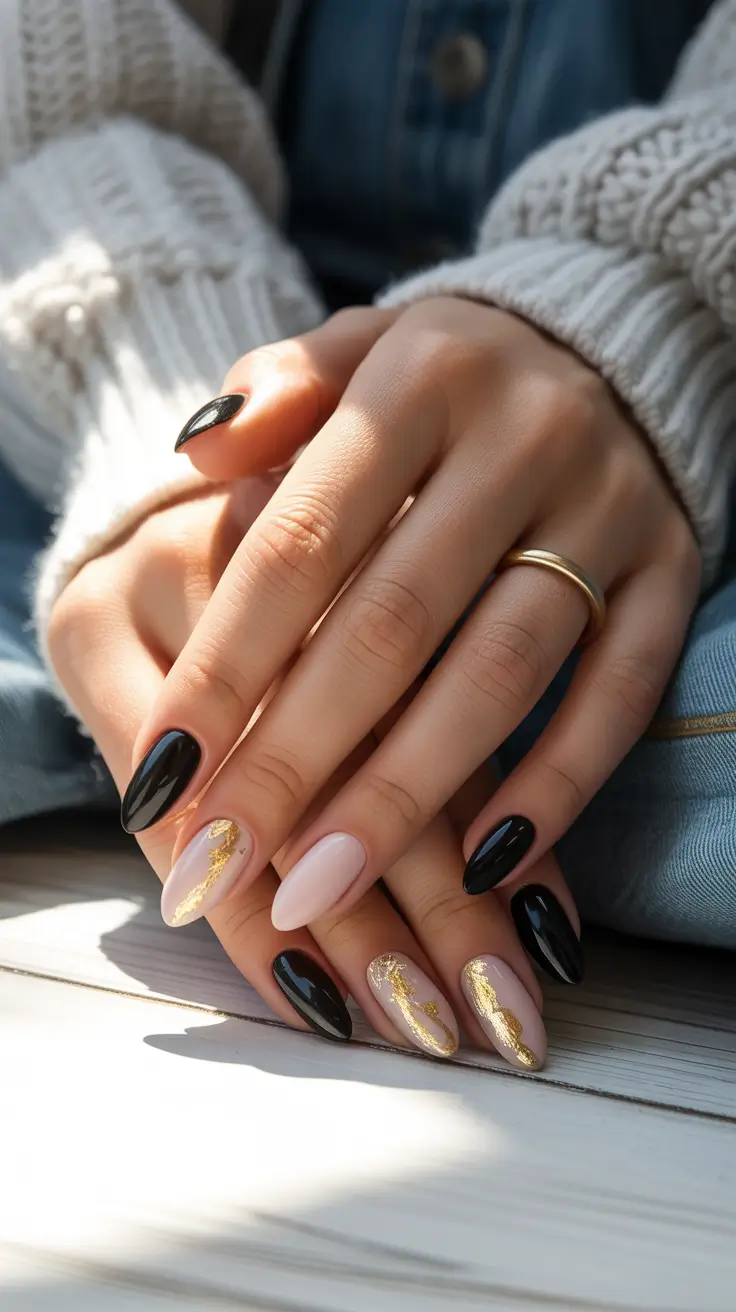 black nails 2026 Gold-Touched Almond Noir