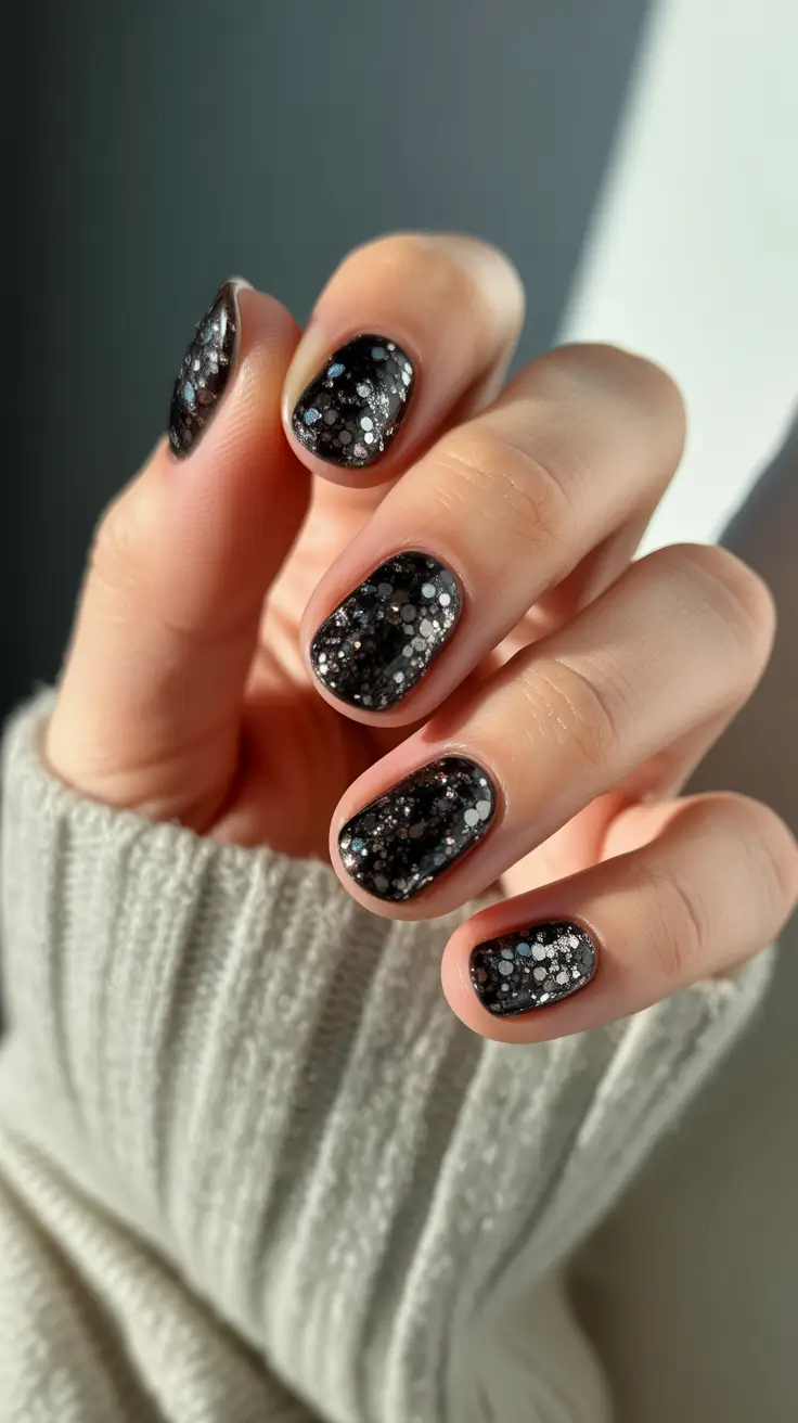 black nails 2026 Cosmic Glitter Short Noir