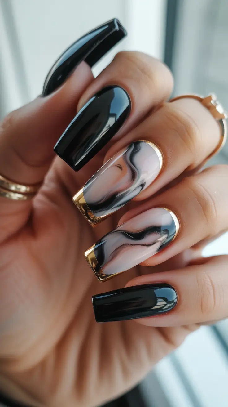black nails 2026 Gold-Framed Marble Noir