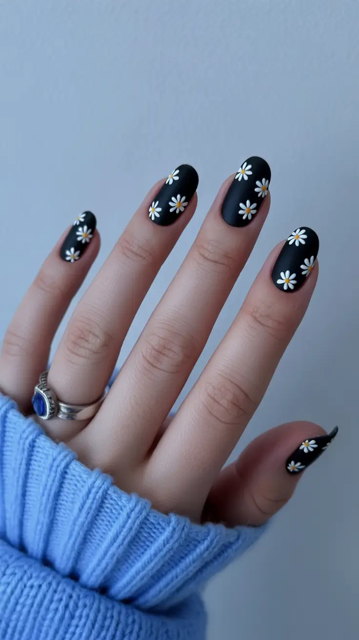 black nails 2026 Matte Daisy Noir