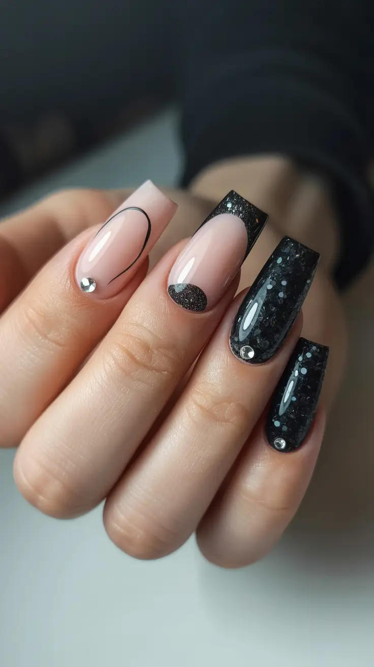 black nails 2026 Graphic Noir With Glitter Contrast