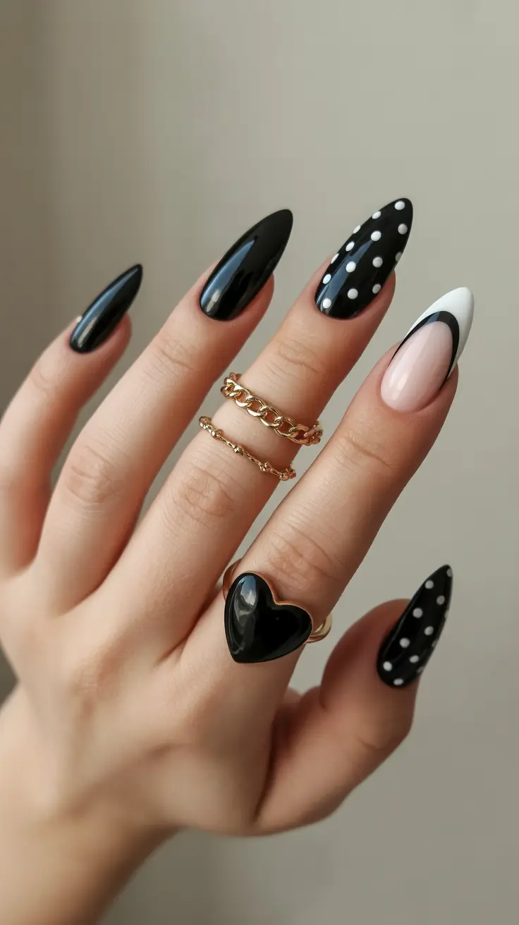 black nails 2026 Playful Noir Polka Mix