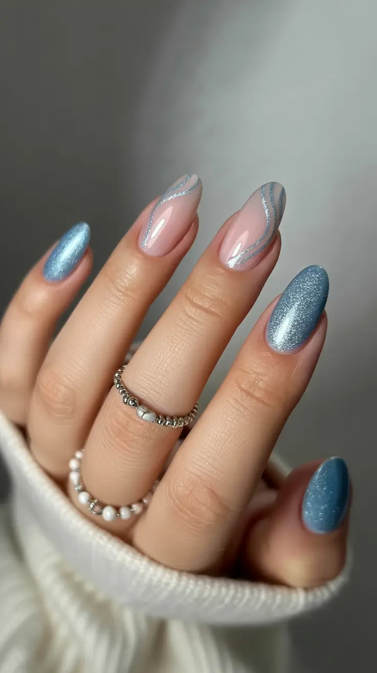 blue nail designs 2026 Shimmer Breeze With Silver Waves