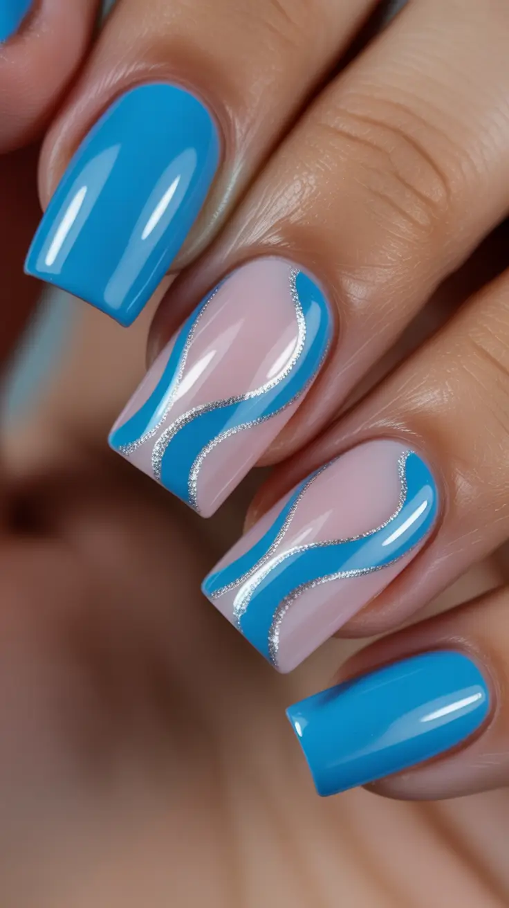 blue nail designs 2026 Ocean Wave Lines With Silver Accents