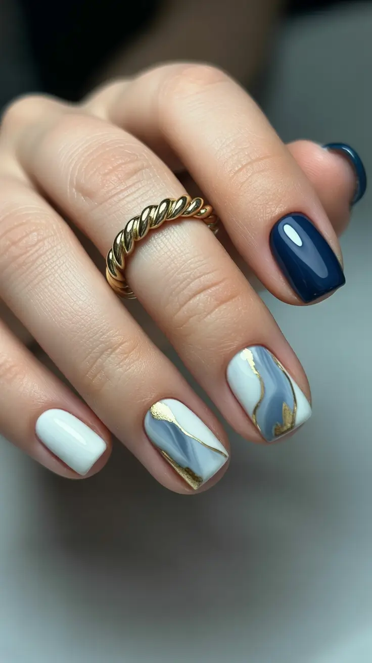blue nail designs 2026 Marble Elegance With Gold Veins