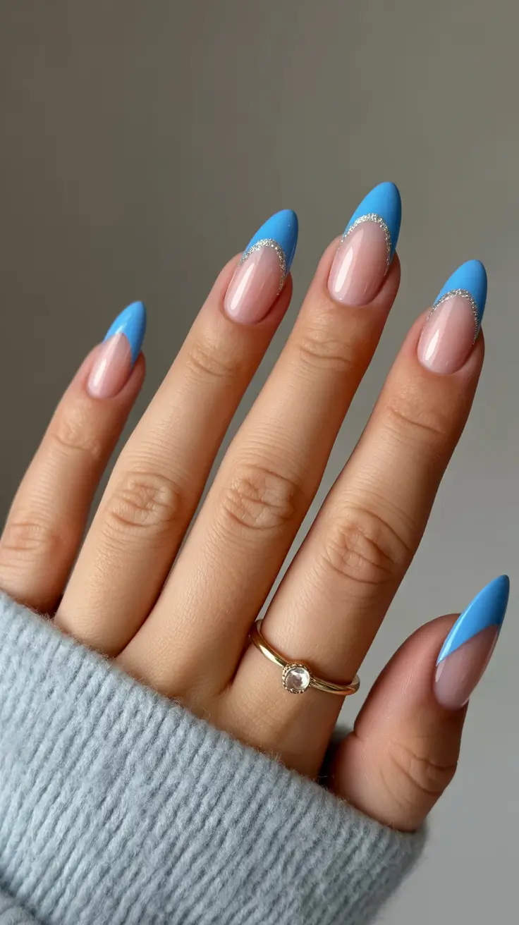 blue nail designs 2026 Silver-Swept French Almond