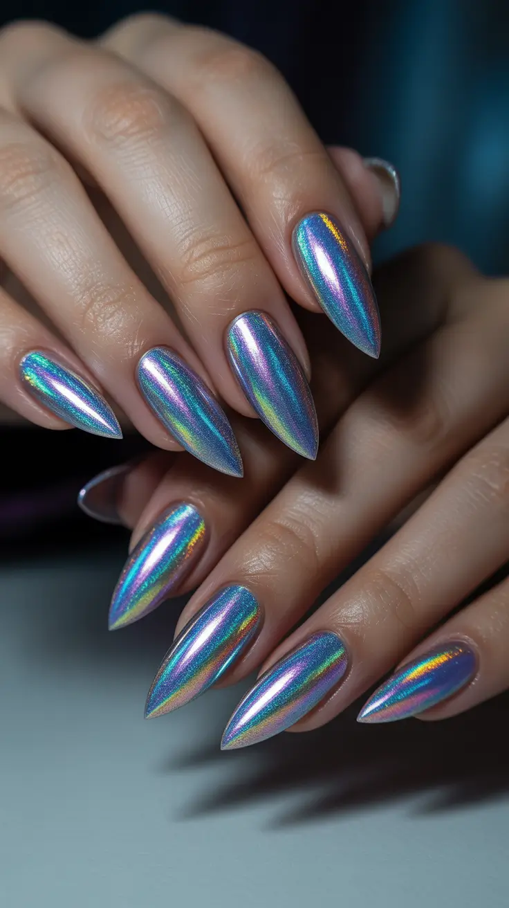 blue nail designs 2026 Iridescent Rainbow Chrome Waves