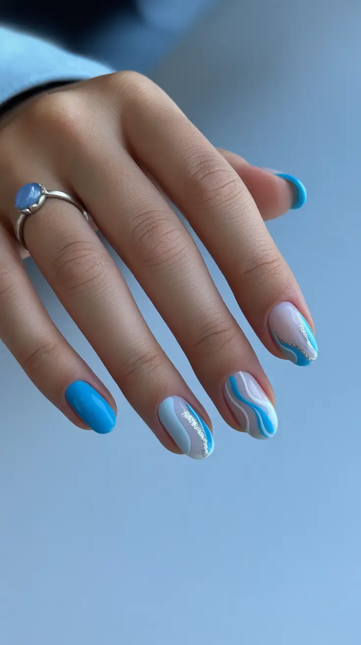 blue nail designs 2026 Ocean Flow Multi-Wave Mix