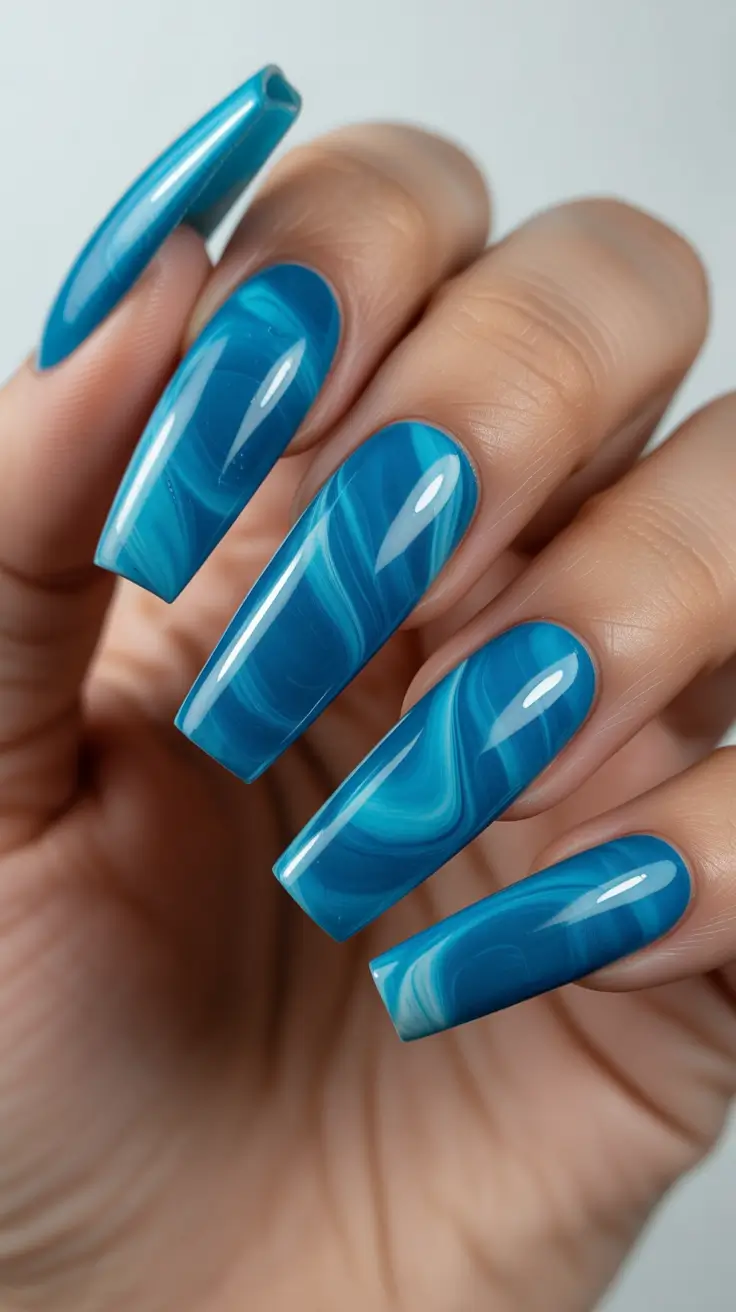 blue nail designs 2026 Deep Blue Marble Drift