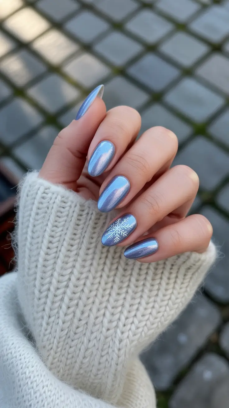 blue nail designs 2026 Winter Blue Sparkle With Snow Detail