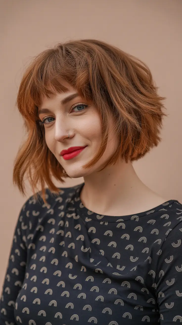 choppy bob haircut inspiration 2026 Playful Auburn Edge with Micro Bangs