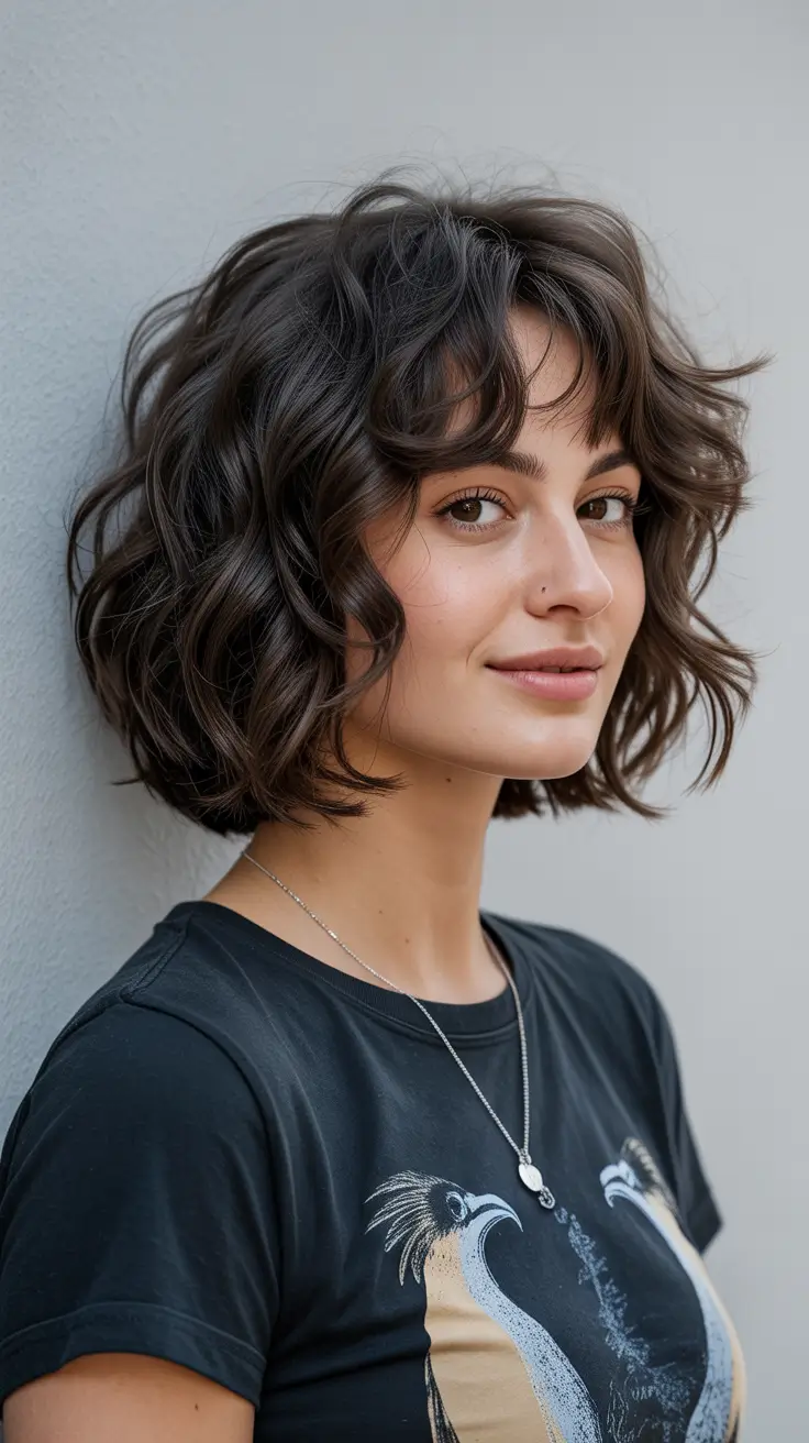 choppy bob haircut inspiration 2026 Curly Volume and Curtain Bangs