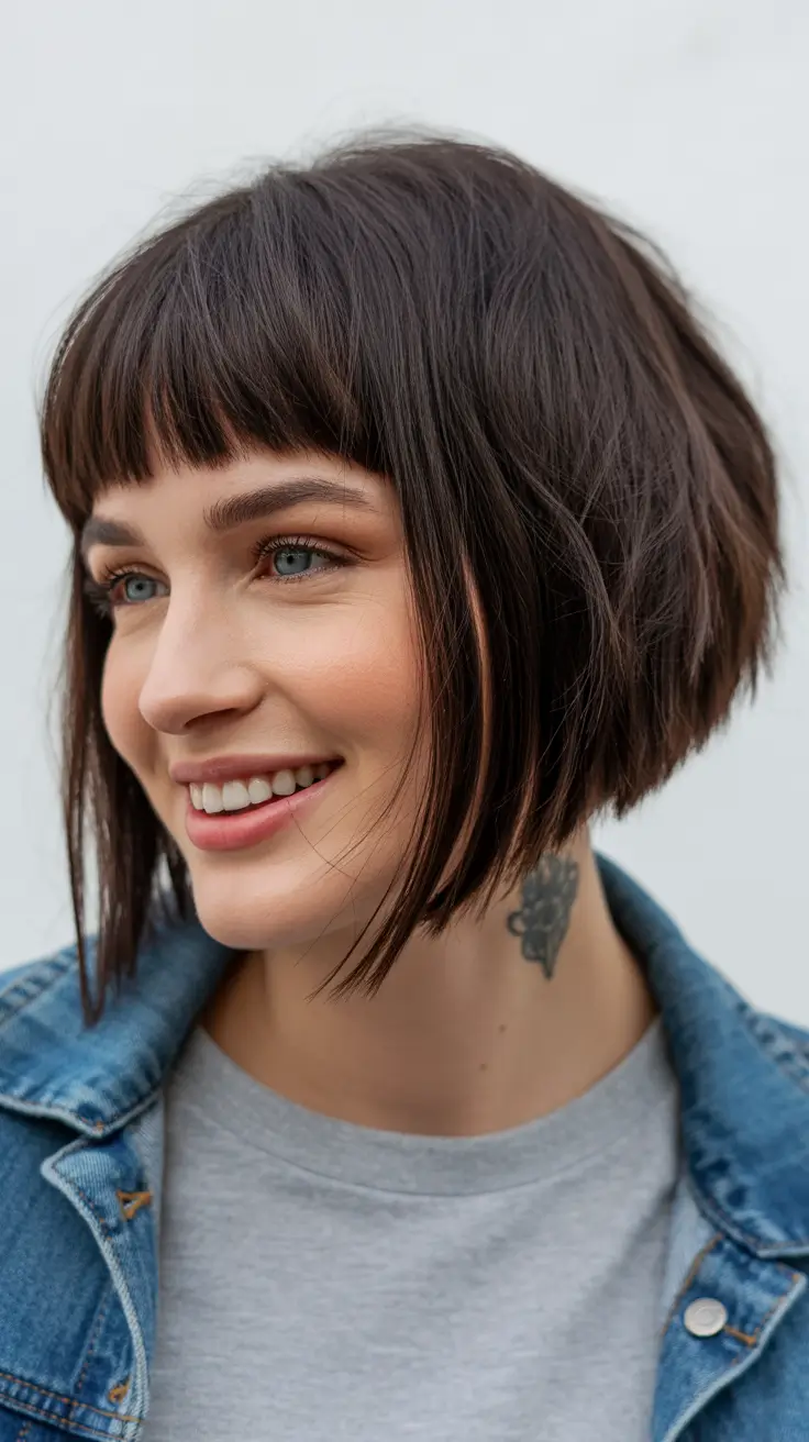 choppy bob haircut inspiration 2026 Soft Fringe and Denim Vibe