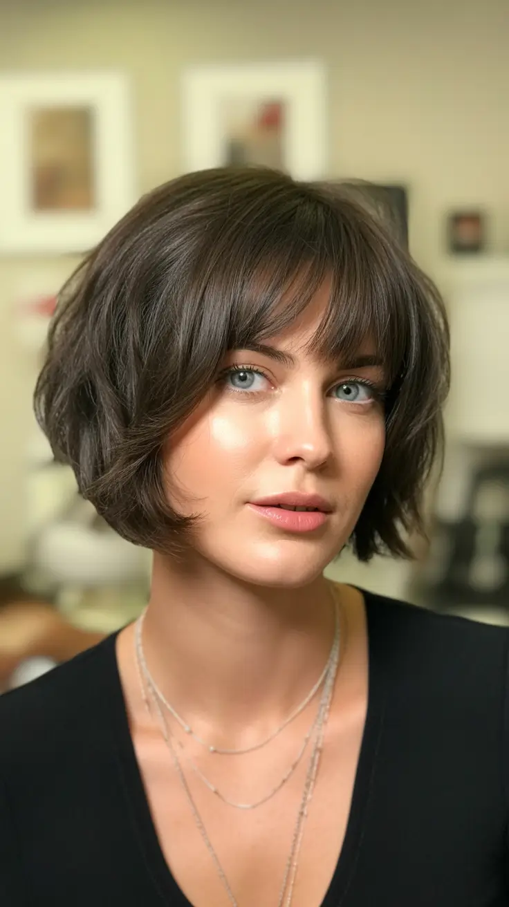 choppy bob haircut inspiration 2026 Glossy Layers and Rounded Shape