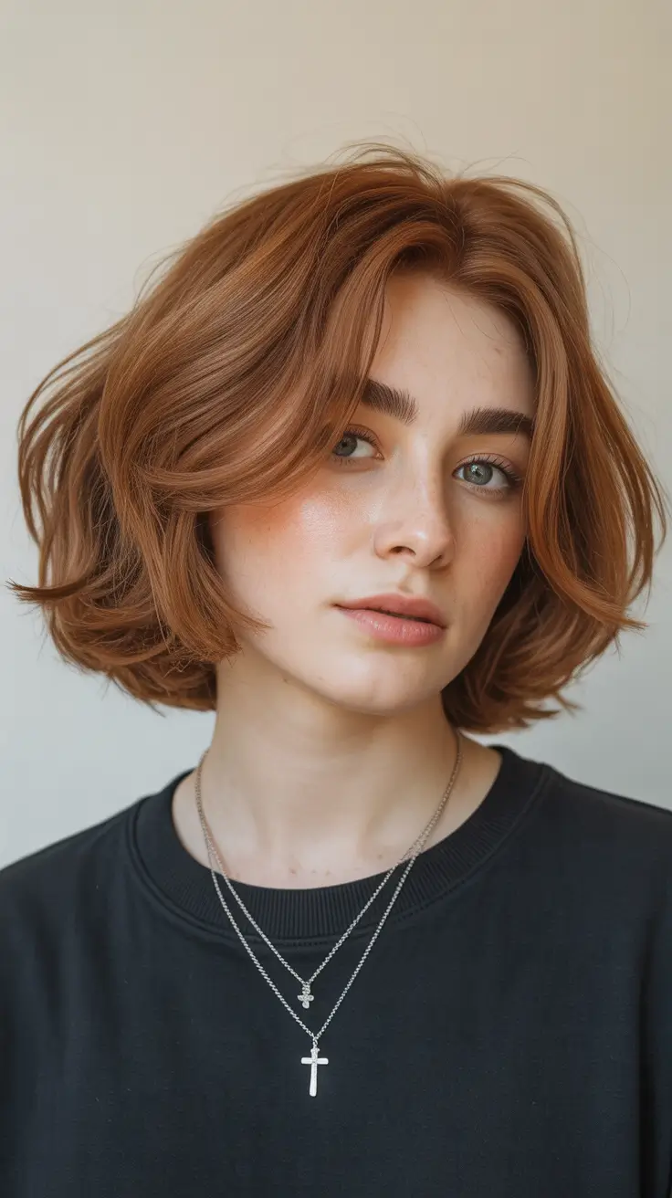 choppy bob haircut inspiration 2026 Soft Auburn Flow with Curtain Bangs