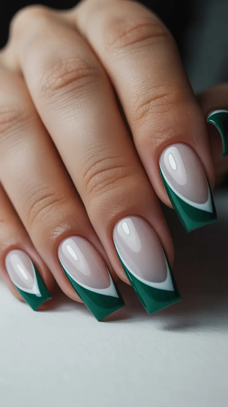 coffin nail designs 2026 Deep Green Contours With Modern French Accents