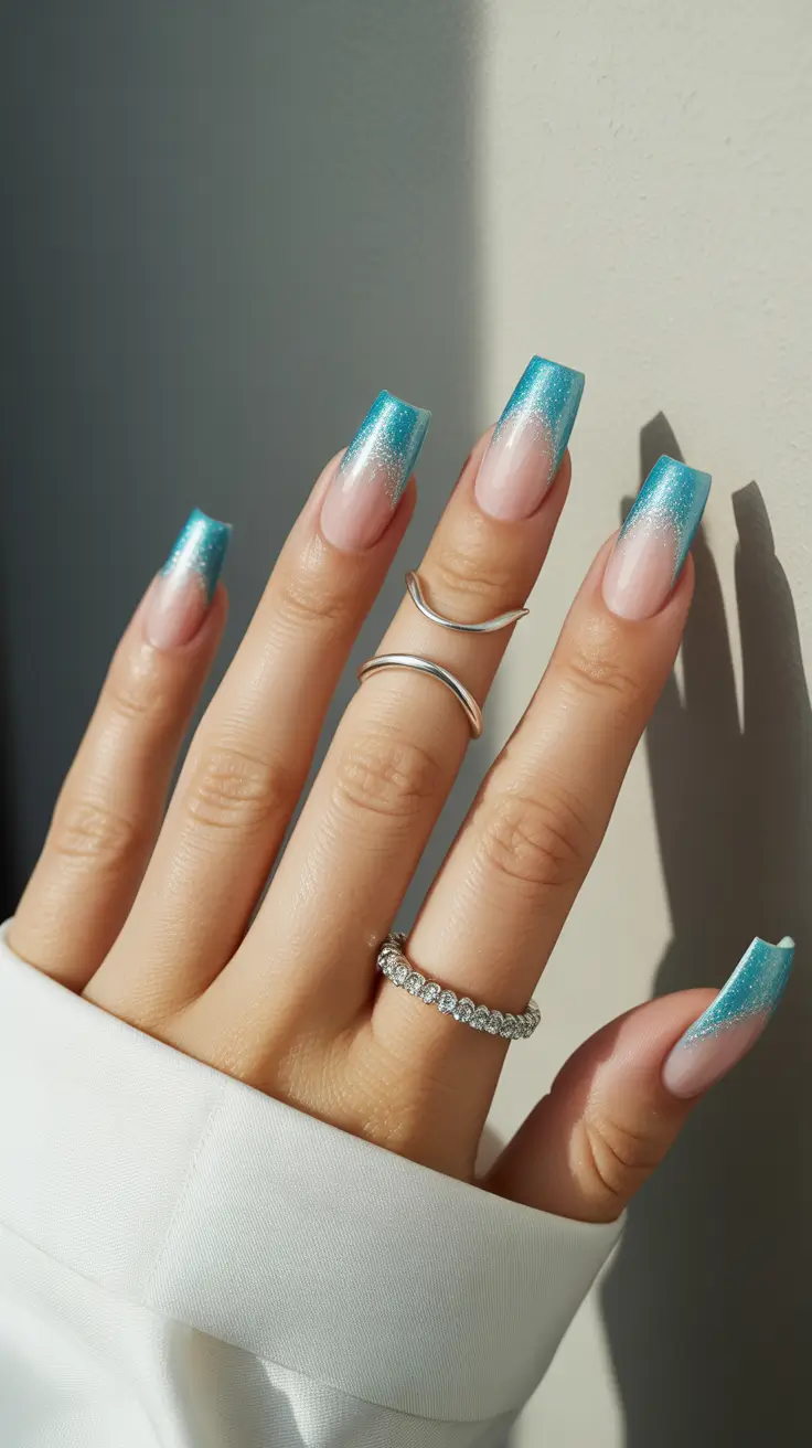 coffin nail designs 2026 Ocean Mist Blue Fade for a Breezy Summer Moment