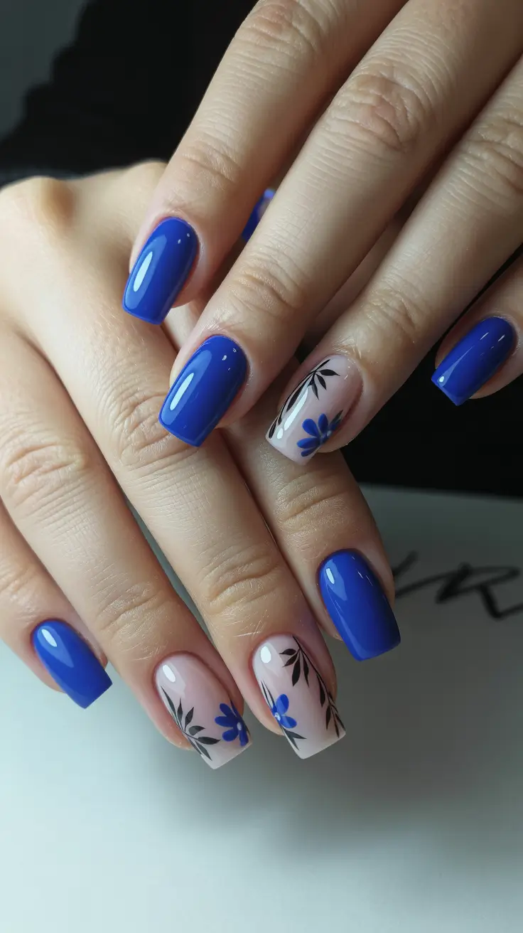 coffin nail designs 2026 Bold Blue Florals for Graphic Summer Impact