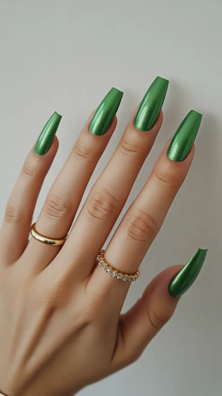 coffin nail designs 2026 Metallic Green Shine for Confident Summer Energy