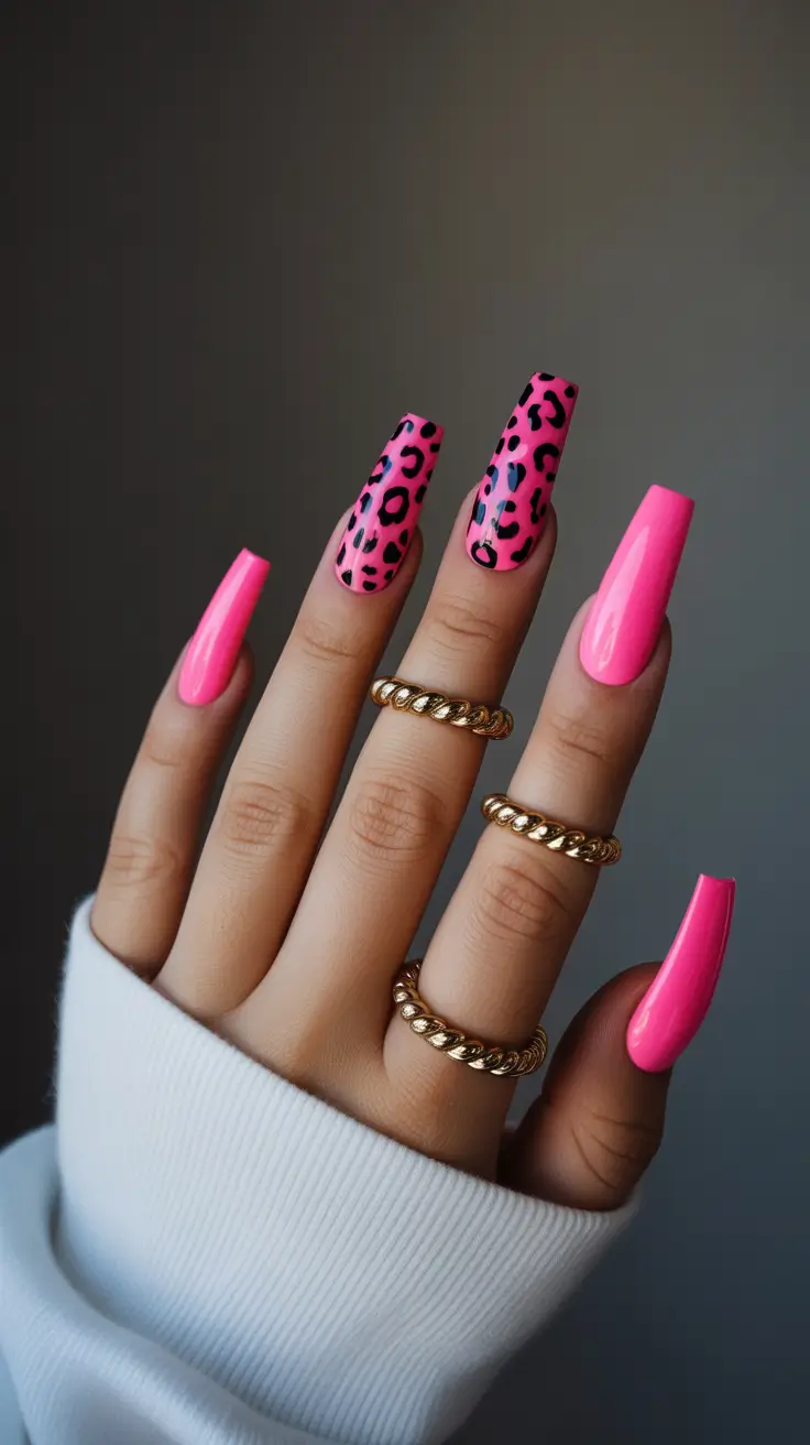 coffin nail designs 2026 Hot Pink Leopard Print for Playful Y2K Vibes