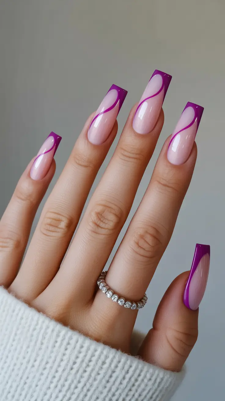 coffin nail designs 2026 Violet Wave French Tips for a Chic Graphic Twist