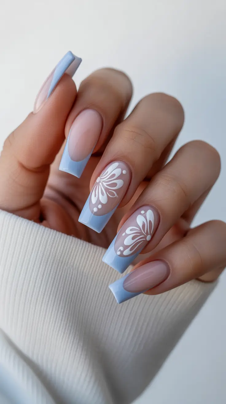 coffin nail designs 2026 Soft Blue French Blossoms for a Breezy Summer Mood
