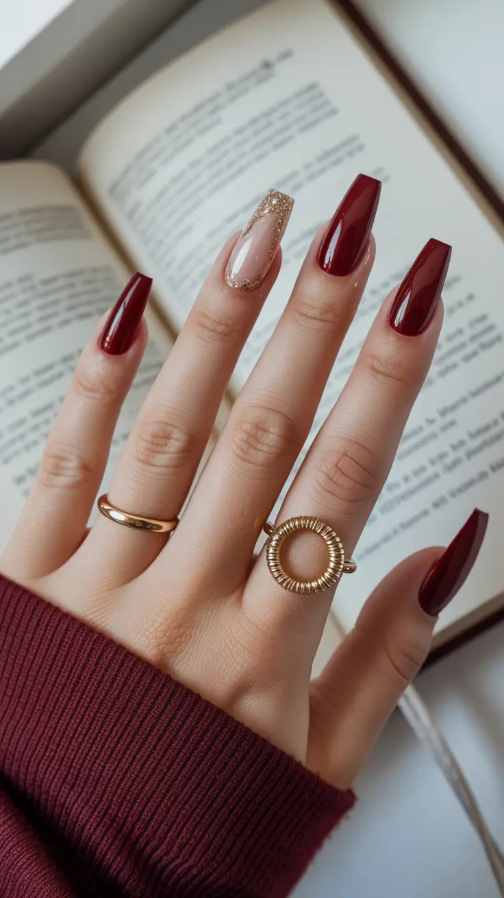 coffin nail designs 2026 Rich Burgundy Elegance With Golden Accents
