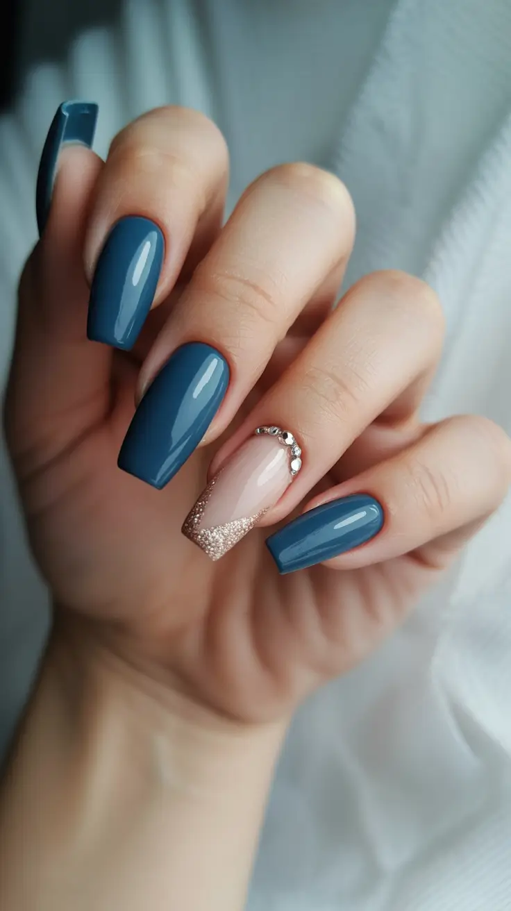 coffin nail designs 2026 Midnight Blue Elegance With a Touch of Rose Gold Sparkle