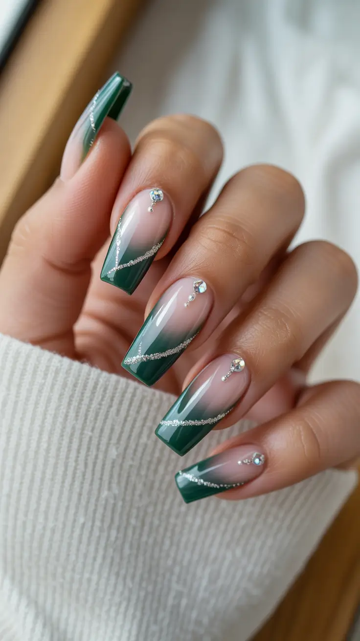 coffin nail designs 2026 Evergreen Shimmer Lines for Modern Summer Sparkle