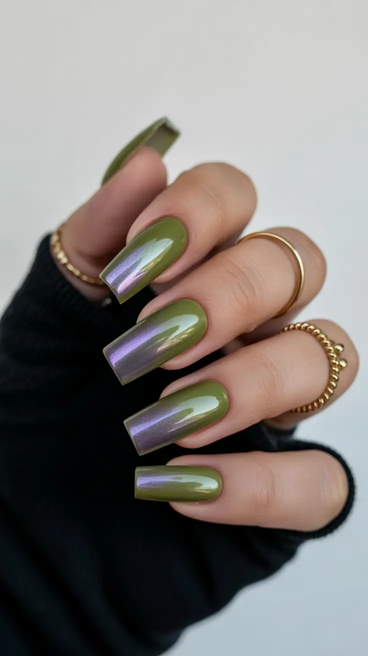 coffin nail designs 2026 Olive Metallic Shift for a Futuristic Summer Glow