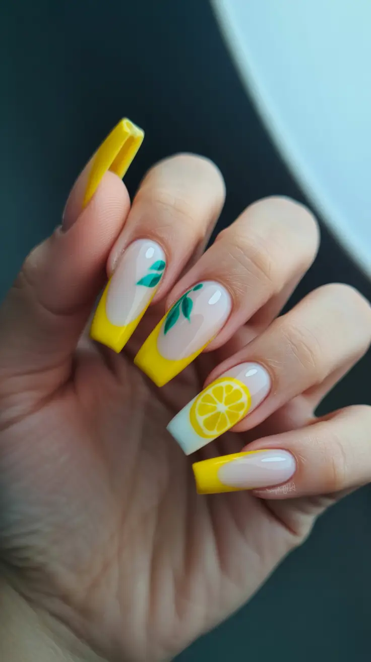 coffin nail designs 2026 Zesty Yellow Lemon Art for Fresh Summer Playfulness