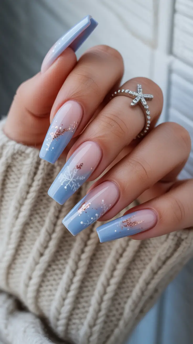 creative acrylic nails 2026 Winter Blue Sparkle with Soft Snow Accents