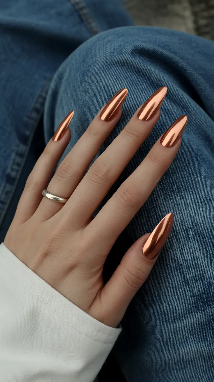 creative acrylic nails 2026 Molten Copper Mirror Drama