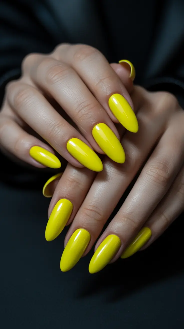 creative acrylic nails 2026 Electric Yellow Almond Shine
