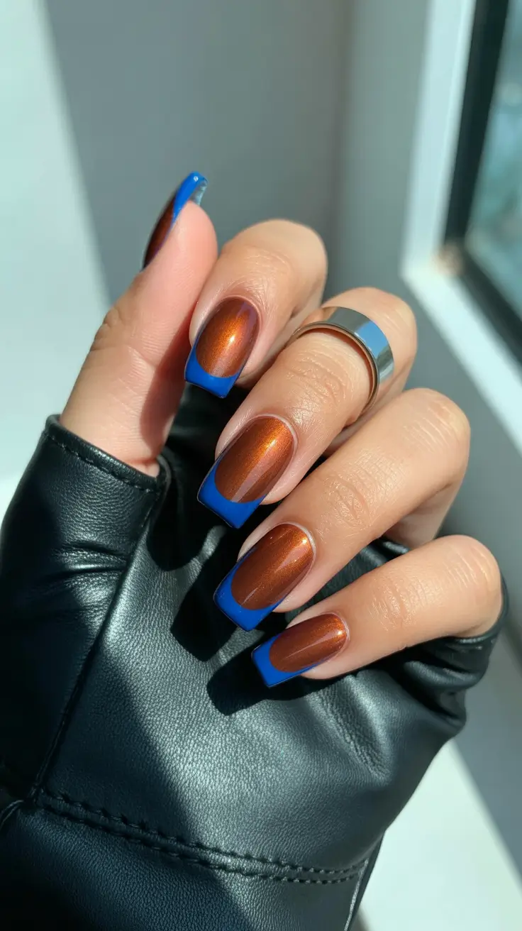 creative acrylic nails 2026 Bronze Metallic Base with Royal Blue French Tips