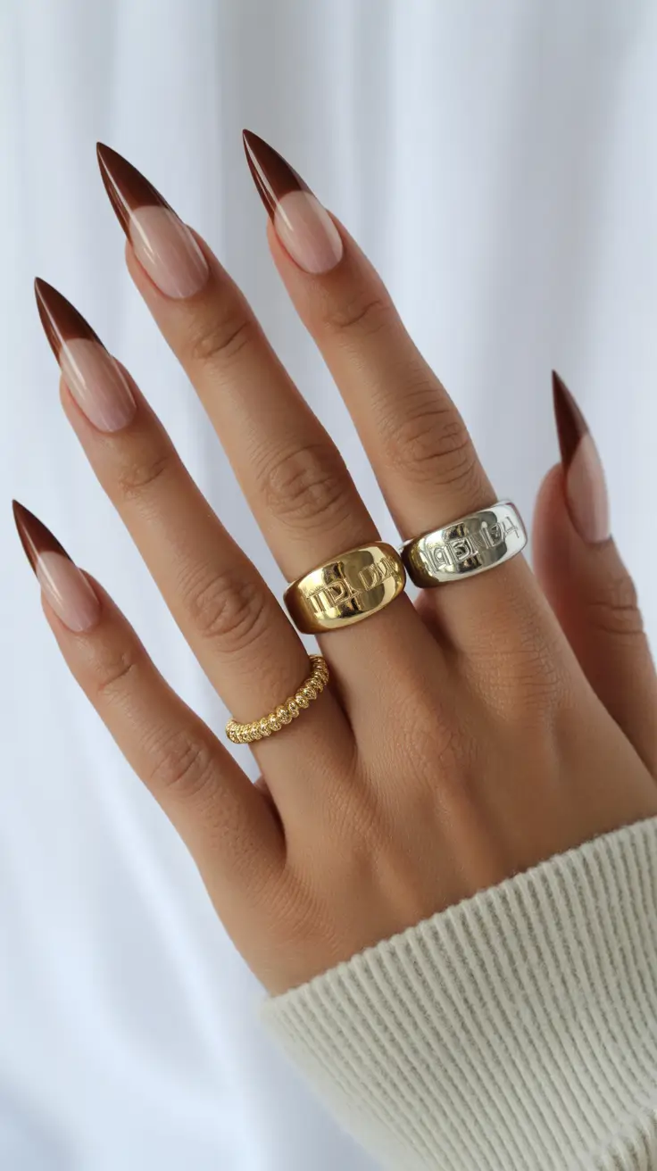 creative acrylic nails 2026 Deep Brown Sculpted French Points