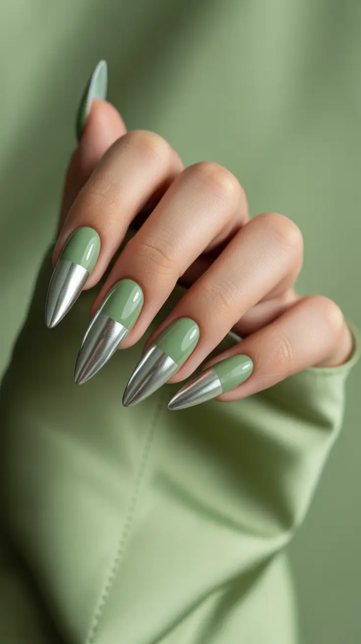 creative acrylic nails 2026 Green Metallic Split Almond Drama